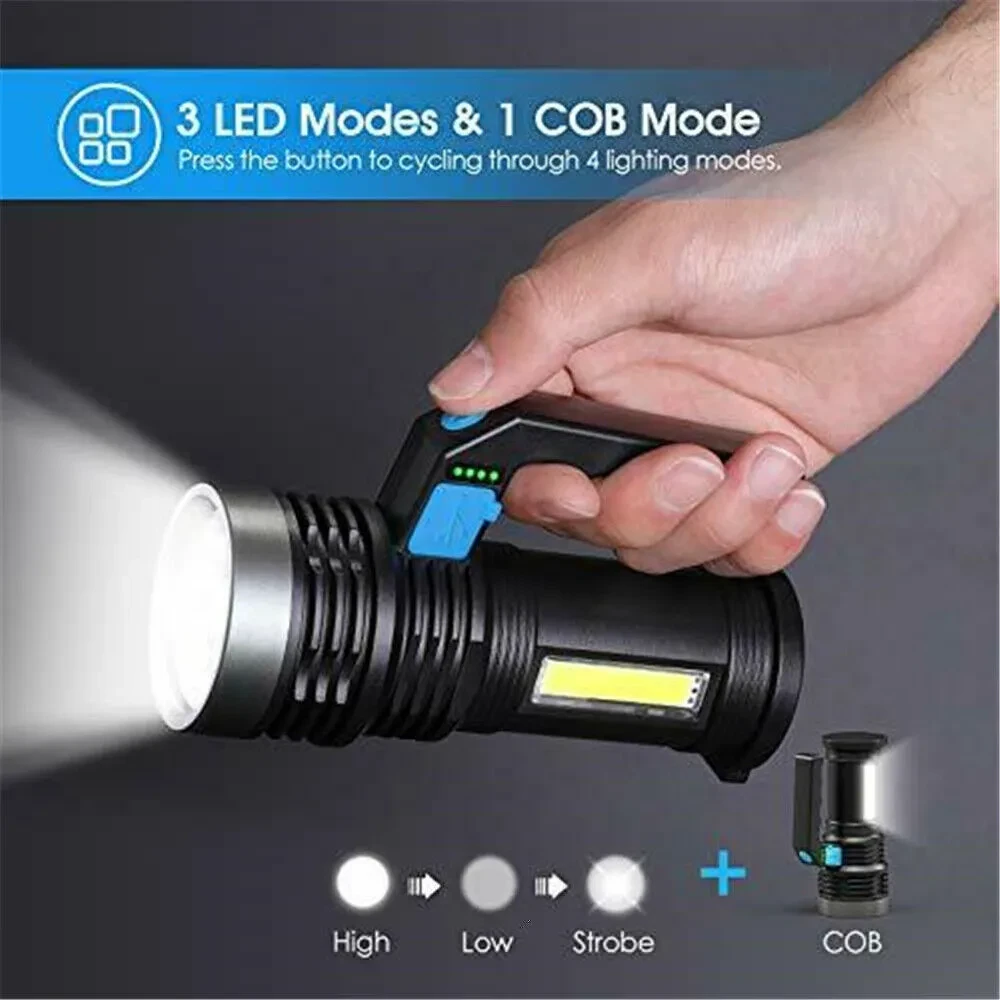 LED Flashlight USB Rechargeable Torch COB Spotlight Camping Light High Lumens Emergency Lamp 3 Modes Waterproof