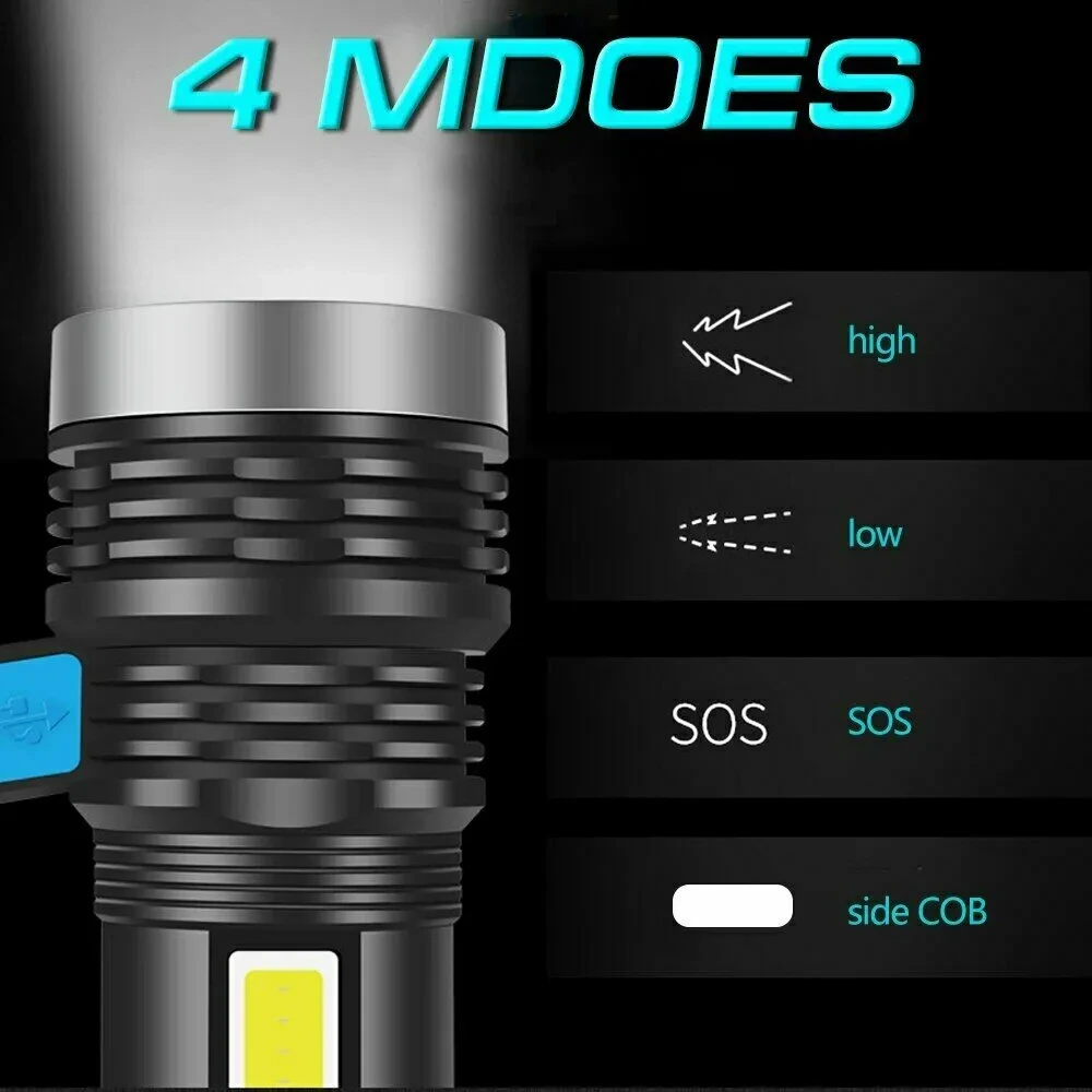 LED Flashlight USB Rechargeable Torch COB Spotlight Camping Light High Lumens Emergency Lamp 3 Modes Waterproof