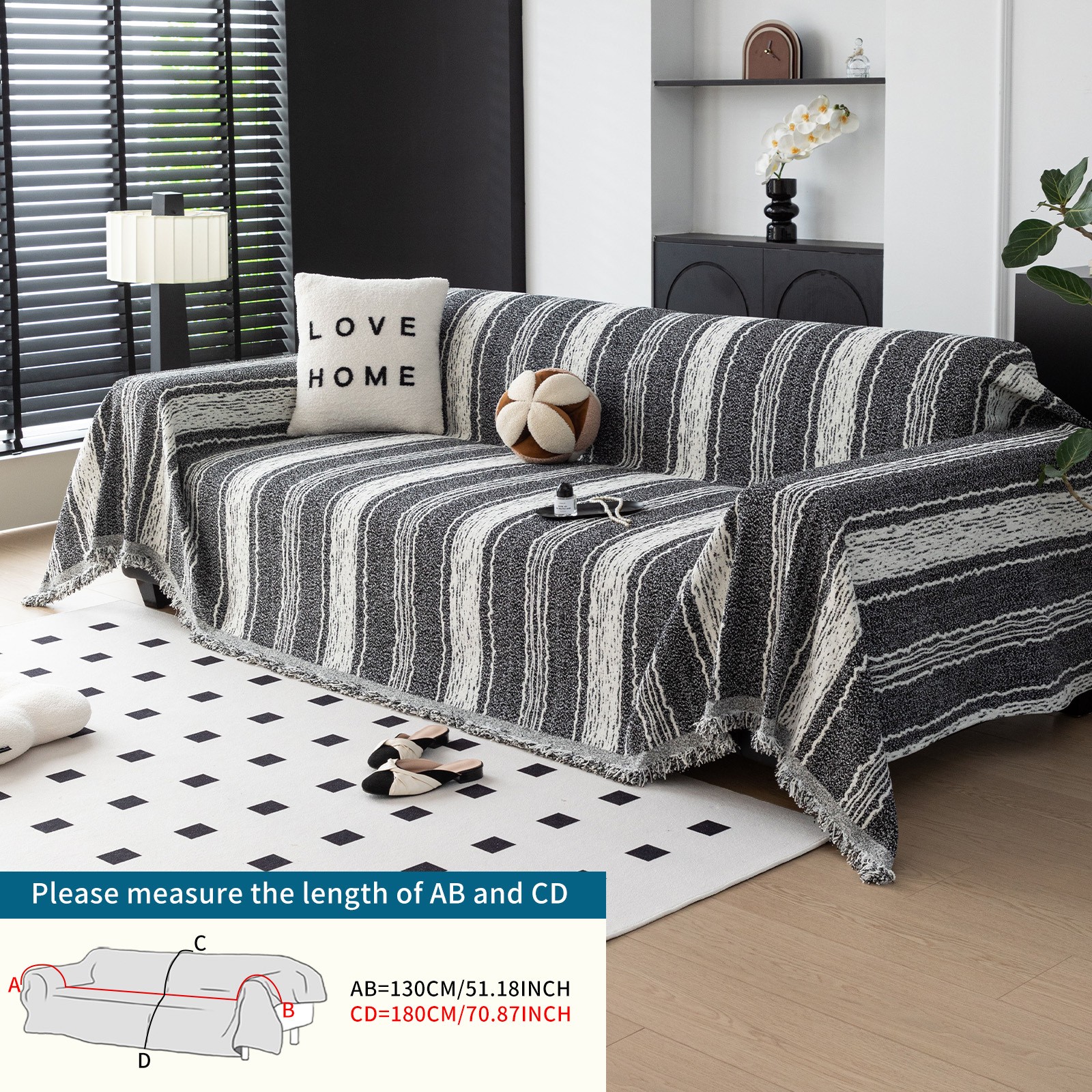 ZICHENHOME Black and Striped Sofa Cover with Tassels