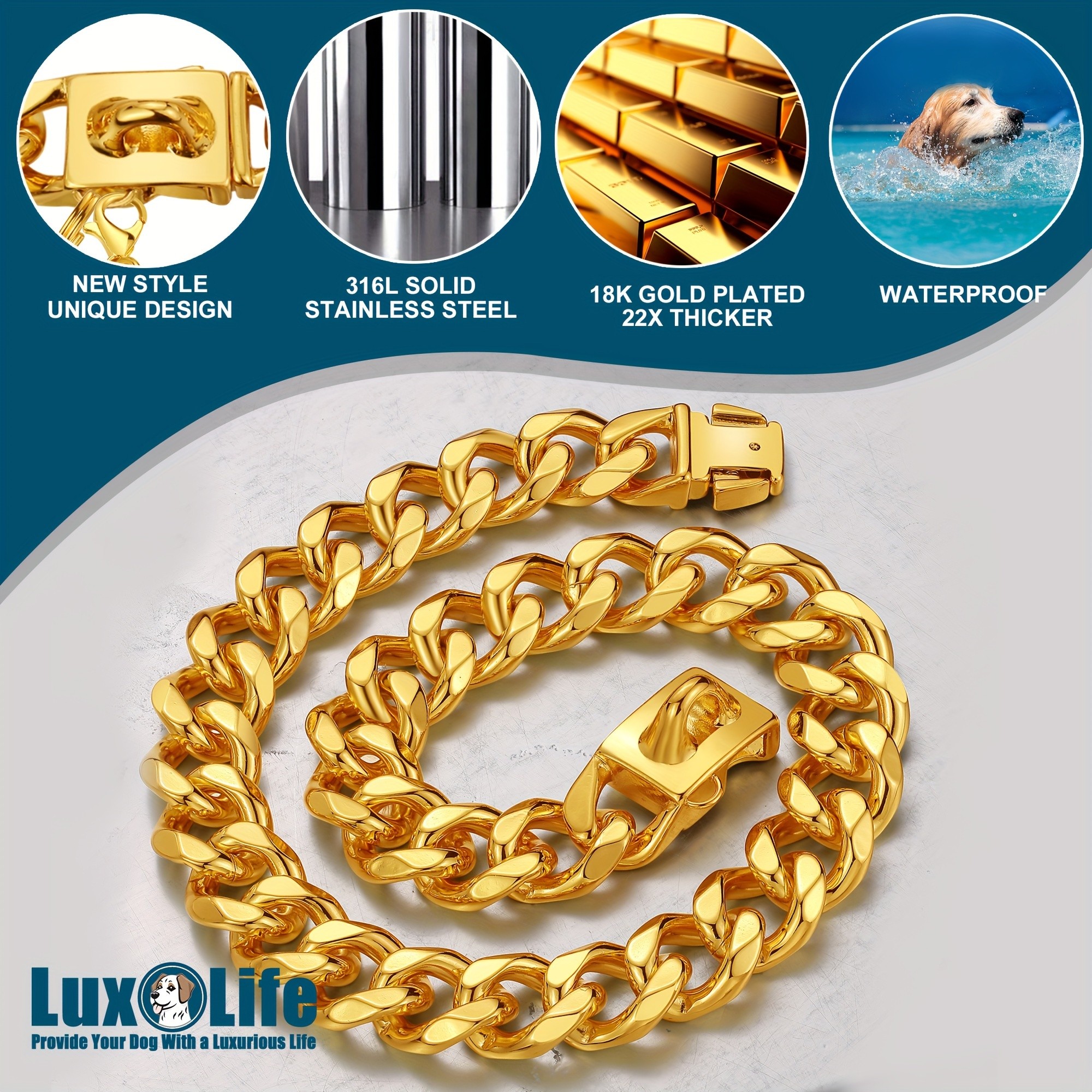LuxLife 19mm Golden Dog Collar with Cuban Link Design