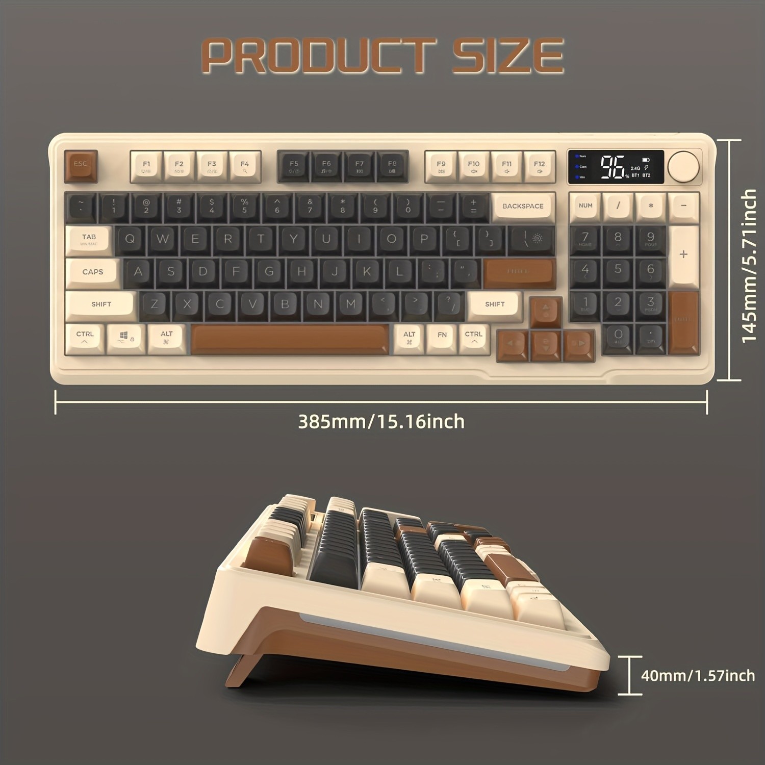 FREEWOLF M96 Wireless Membrane Gaming Keyboard Features a Knob for Controlling Wireless/2.4G Wireless Mechanical Feel, RGB LED Backlighting with Display Screen, PBT Keycaps, US Keyboard Layout, and Compatible with Win/Mac