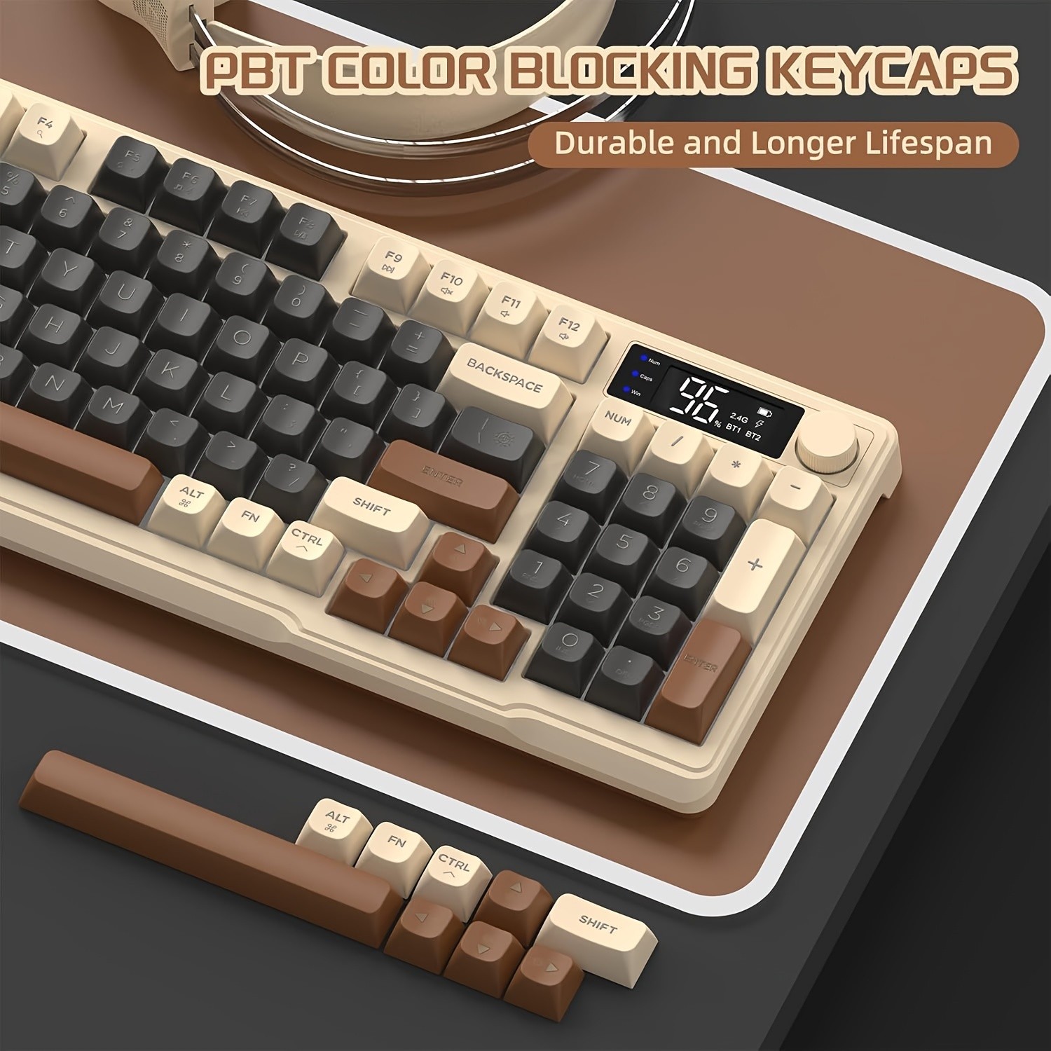 FREEWOLF M96 Wireless Membrane Gaming Keyboard Features a Knob for Controlling Wireless/2.4G Wireless Mechanical Feel, RGB LED Backlighting with Display Screen, PBT Keycaps, US Keyboard Layout, and Compatible with Win/Mac