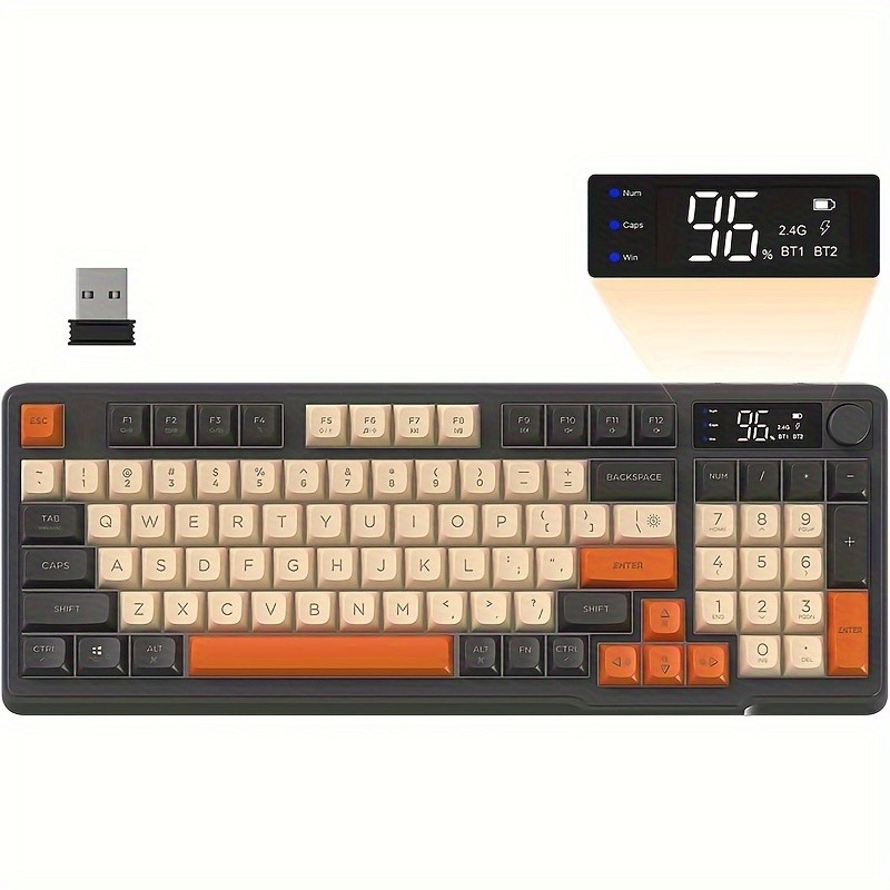 FREEWOLF M96 Wireless Membrane Gaming Keyboard Features a Knob for Controlling Wireless/2.4G Wireless Mechanical Feel, RGB LED Backlighting with Display Screen, PBT Keycaps, US Keyboard Layout, and Compatible with Win/Mac
