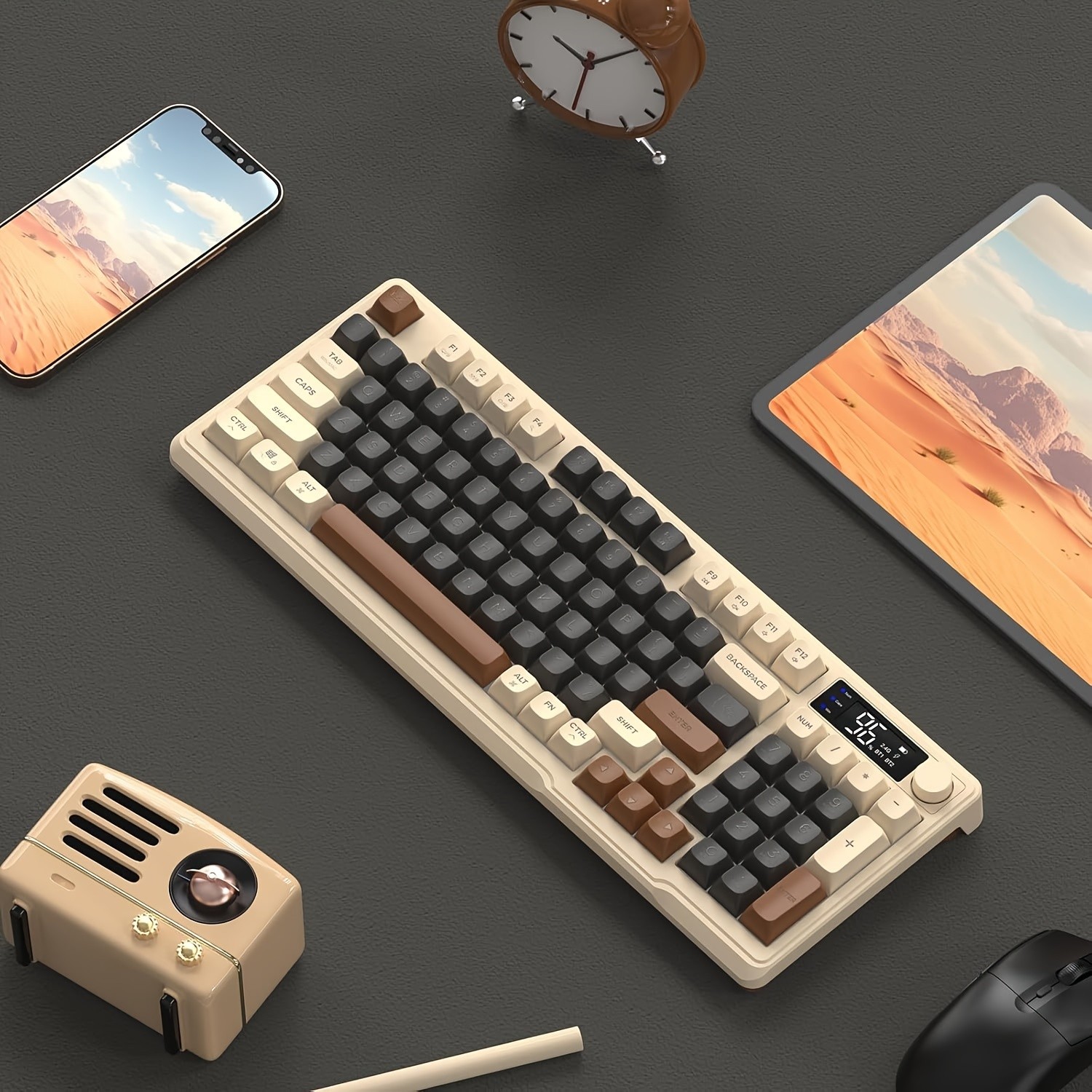 FREEWOLF M96 Wireless Membrane Gaming Keyboard Features a Knob for Controlling Wireless/2.4G Wireless Mechanical Feel, RGB LED Backlighting with Display Screen, PBT Keycaps, US Keyboard Layout, and Compatible with Win/Mac