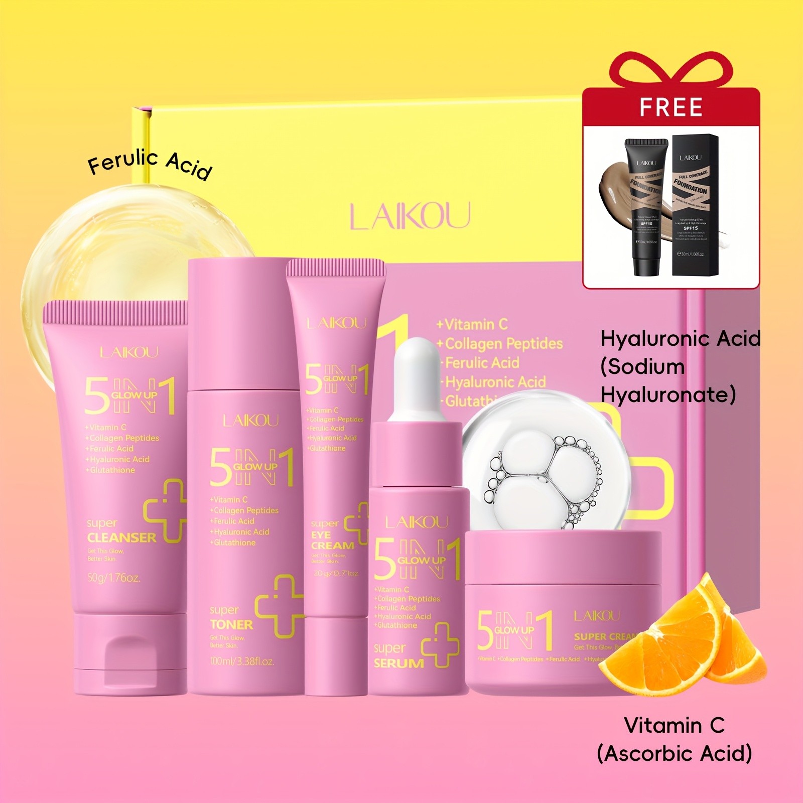 Laikou 5-in-1 Glow Up Skincare Set  Complete Brightening and Hydration Solution