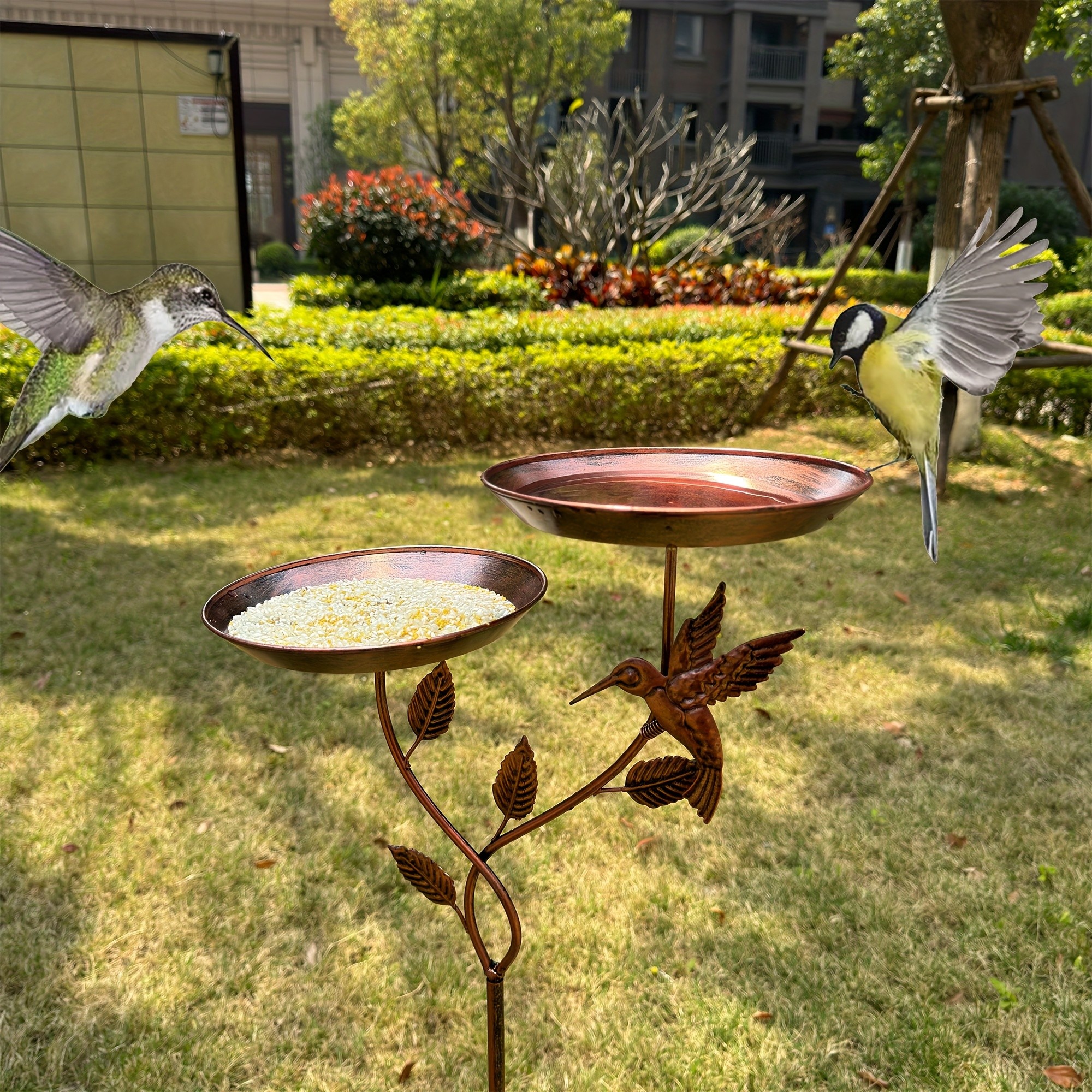 Iron Bird Bath Bowl with 3-Claw Base Post and Decorative Bird Feeders
