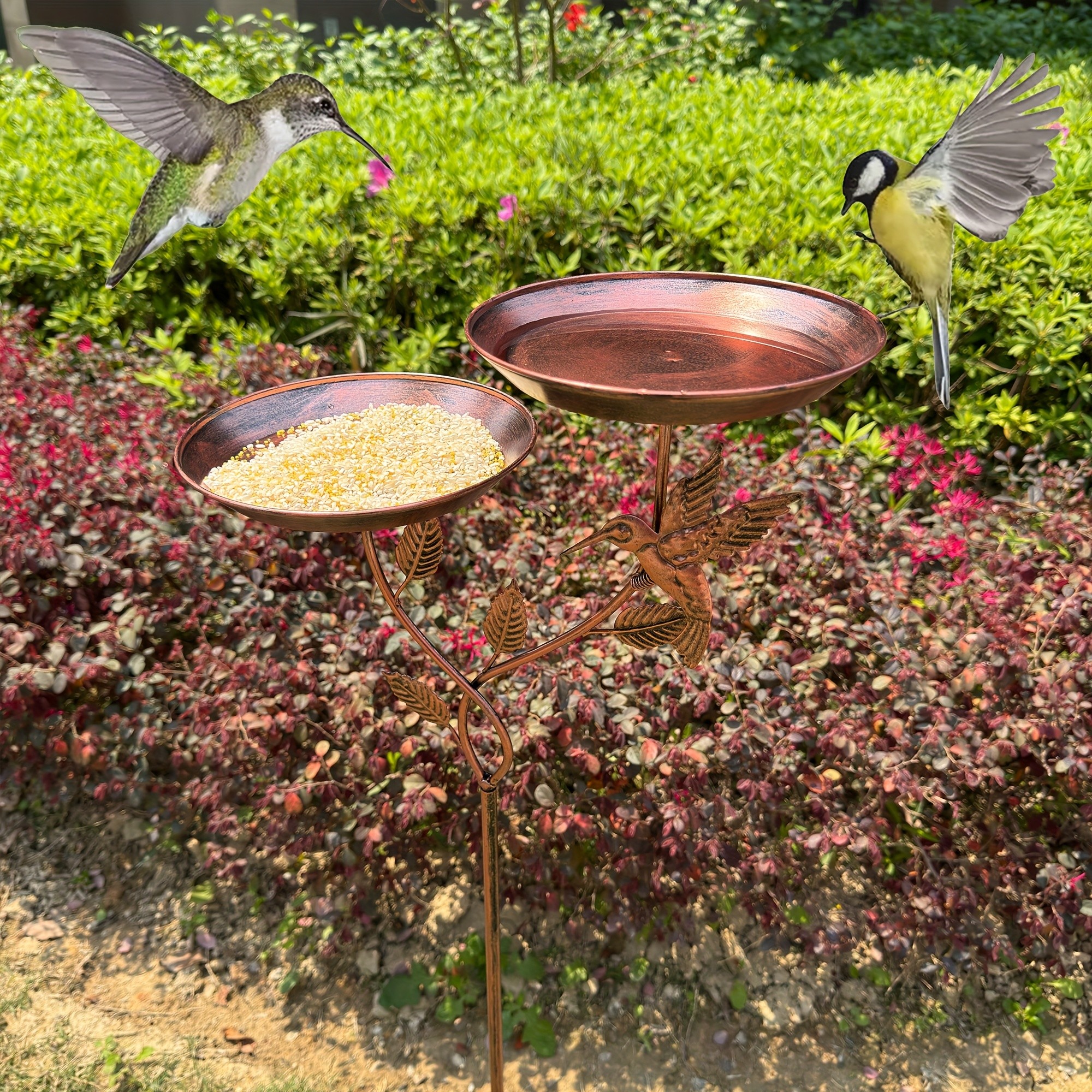 Iron Bird Bath Bowl with 3-Claw Base Post and Decorative Bird Feeders