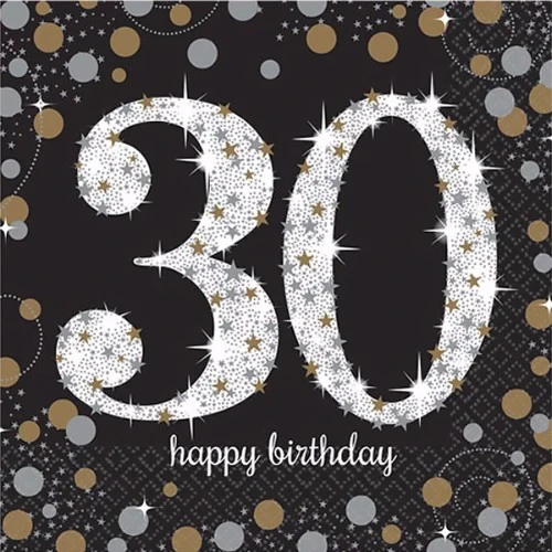 Sparkling Black 30th Birthday Lunch Napkins - Pack of 16
