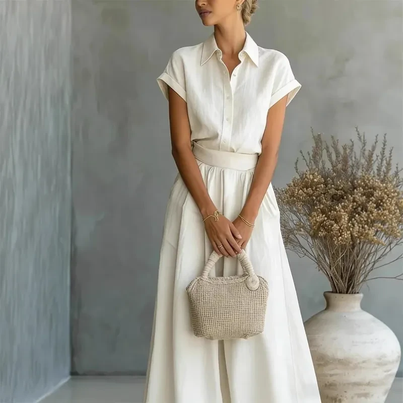 Casual Solid Shirt & Wide Leg Two-Piece Set
