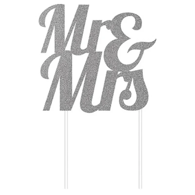 Cake Topper Mr & Mrs Silver Glittered Cardboard