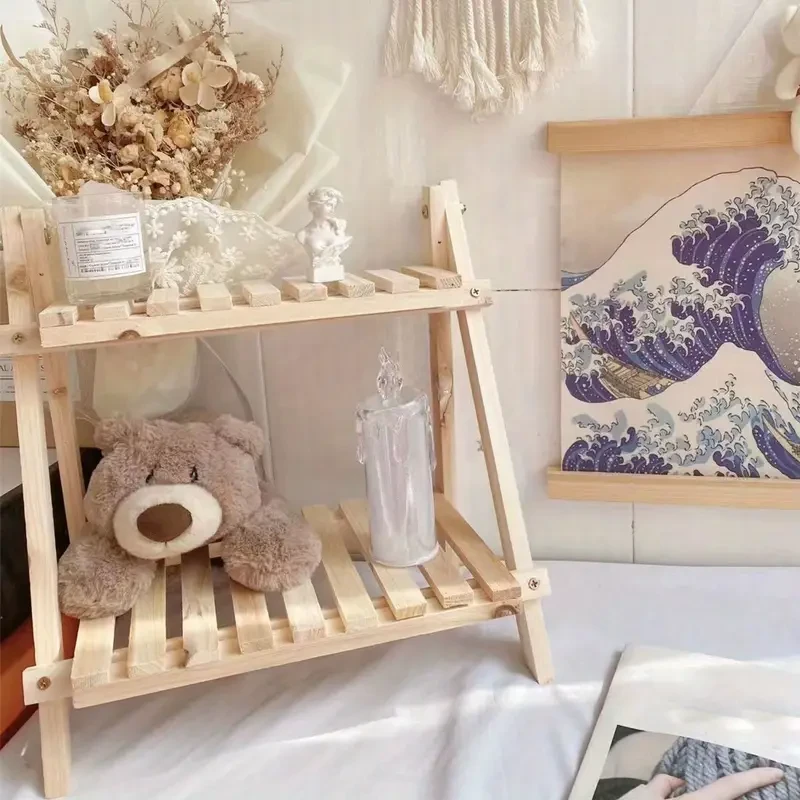 1pc Wooden Storage Shelf, 2-Tiers Desktop Organizer Shelves, Trapezoidal Desk Display Rack, Desktop Stationary Office Storage Rack, Stylish Decoration For Dorm, Home, School, Office, Etc Desk Storage Organization