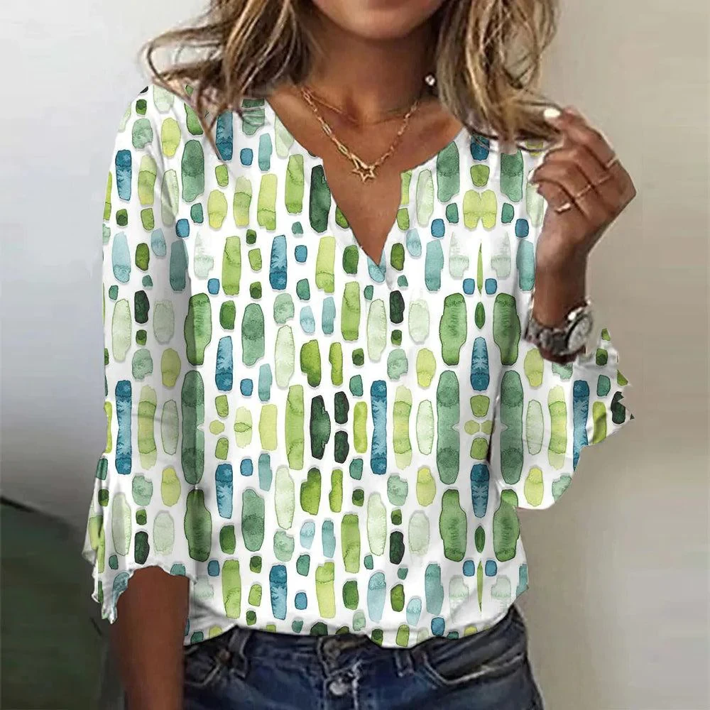 Green Geometric Watercolor Print Notched  Sleeve Top