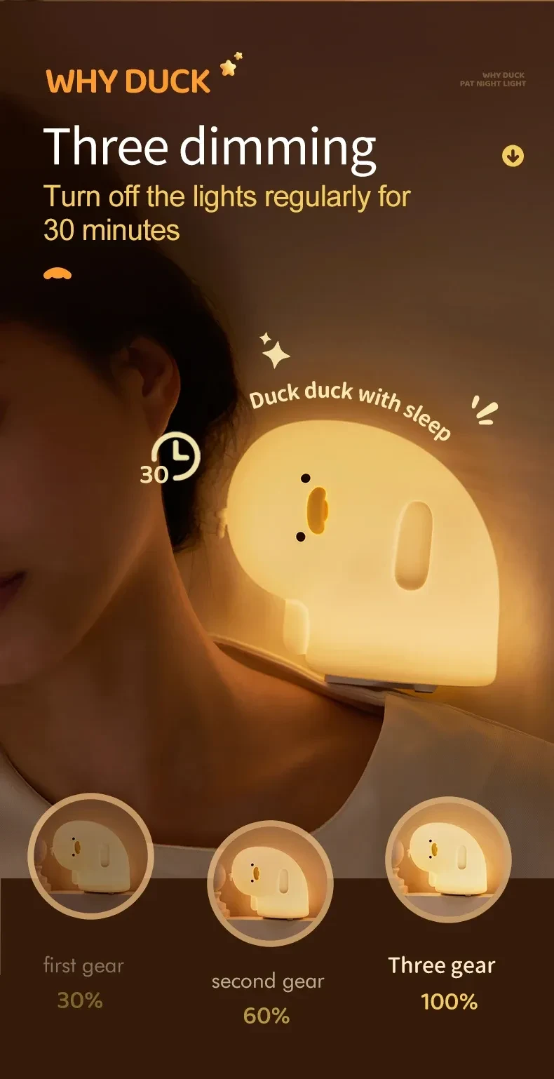 Cute Duck LED Night Light USB Rechargeable Nightlights Silicone Lamp Touch Soft Mood Light Child Kid Gift Bedroom Decor