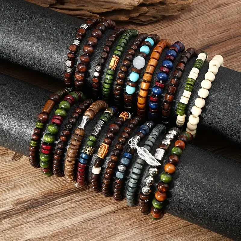 Set Vintage Style Bohemian Wooden Beaded Bracelets
