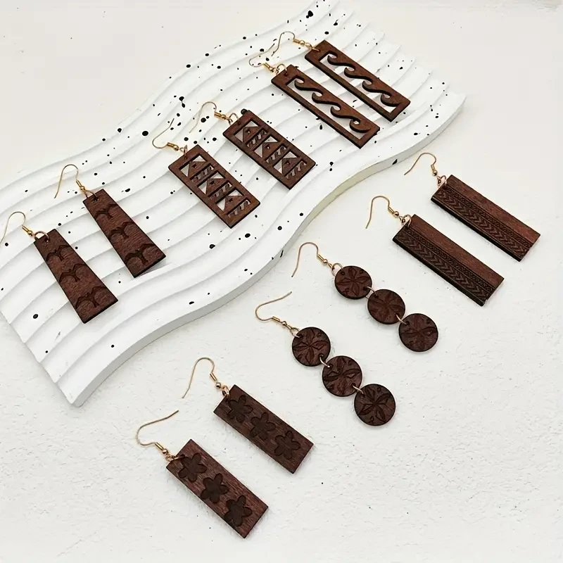 Vintage-Inspired Wooden Dangle Earrings Set