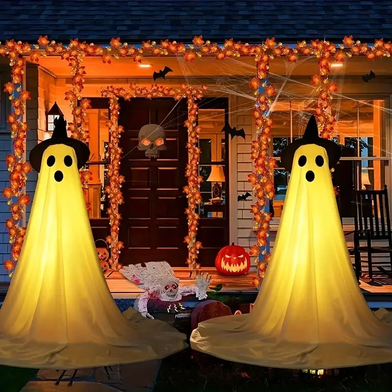 2 Pack Halloween Outdoor Decoration, Cute Halloween Interior, Ghost Halloween Decoration With Wizard Hat, Scary Ghost Decoration With String Lights, Perfect For Porch Yard Garden Home