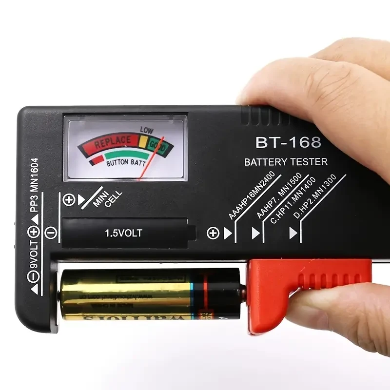 BT-168 Universal Battery Tester - Quickly Check AA, AAA, C, D, 9V, 1.5V Batteries with Color-Coded Meter Indicators