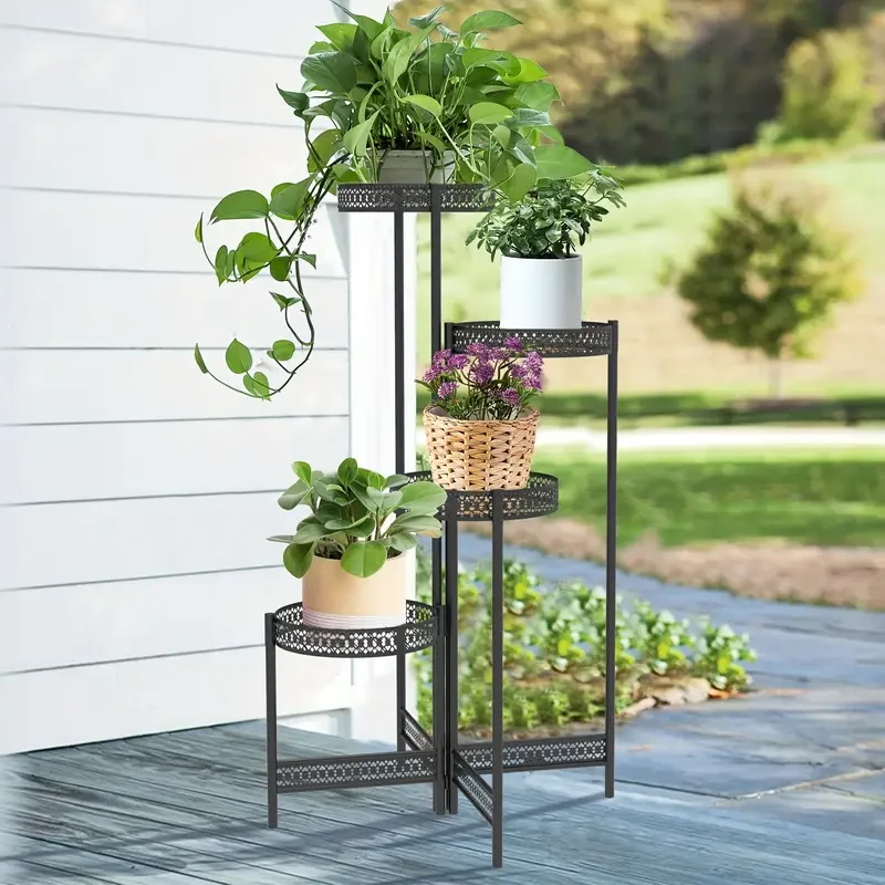 4-Tier Folding Metal Planter Stand - Space-Saving Plant Holder