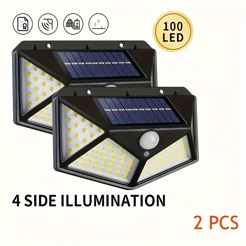 2pcs 100 LED Solar Power Wall Lights - PIR Motion Sensor Outdoor Lamp