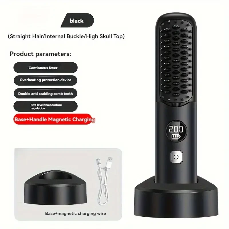 USB Rechargeable Hair Straightening Brush with LED Display, Fast Heating, Anti-Scald, Auto-Off, Thermostatic Control, 2000mAh Lithium Battery for Wet/Dry Use, Portable Ionic Hair Care Comb for Travel & Daily Use, 5 Temperature Settings