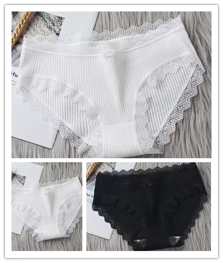3PCS/Lot Sexy Briefs Women Middle Waist Cotton Underwear Bowtie Panties Breathable Lace Intimates Antibacterial Crotch Lingere
