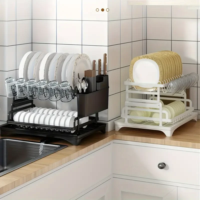 2-Tier Iron Dish Rack with Drainboard and Utensil Holder