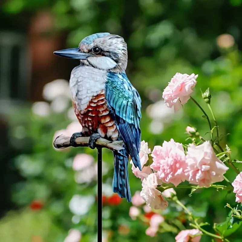 Metal Kookaburra Garden Stake - Blue Kingfisher Bird Art