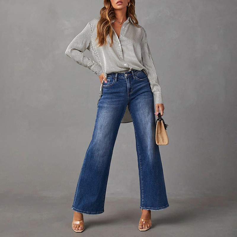 High-Rise Ultra-Stretch Denim in Washed Dark Blue