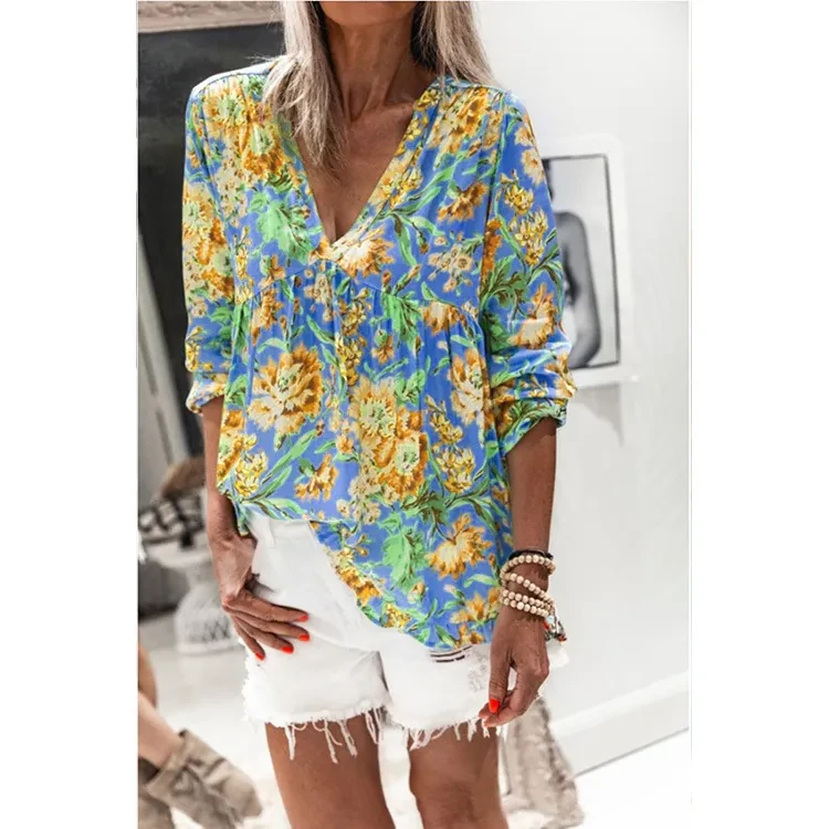 New Style Blouse Women Printing V-Neck Long-Sleeved T-Shirt Women