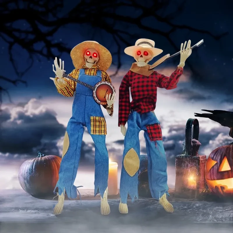 Halloween Luminous Skull Skeleton Decoration Guitarist Skeletons With Light Up Eye Horror Glowing Skeleton For Halloween Party Decor