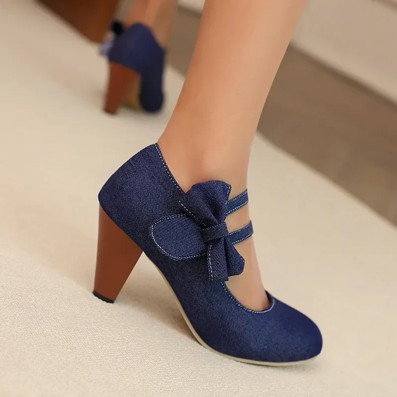 Round Toe High Heels Denim Bow