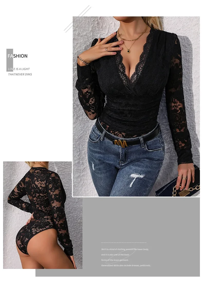 Women's Lace Up Long Sleeve Bodysuit Romper Sexy Deep V Neck Snap Croth Leotard Tee Top For Women