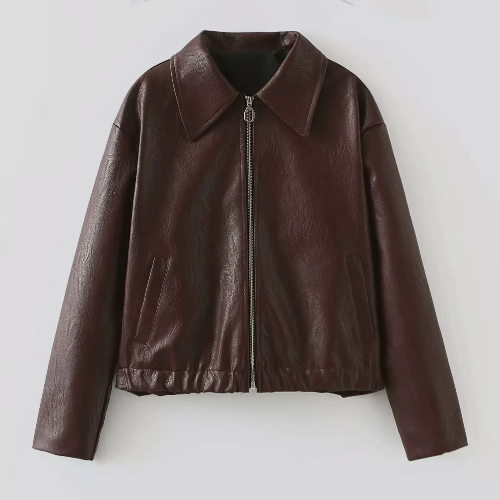 Solid Color Lapel Zipper Jacket Fashion Casual Long Sleeve Leather Coat Tops Women Clothing