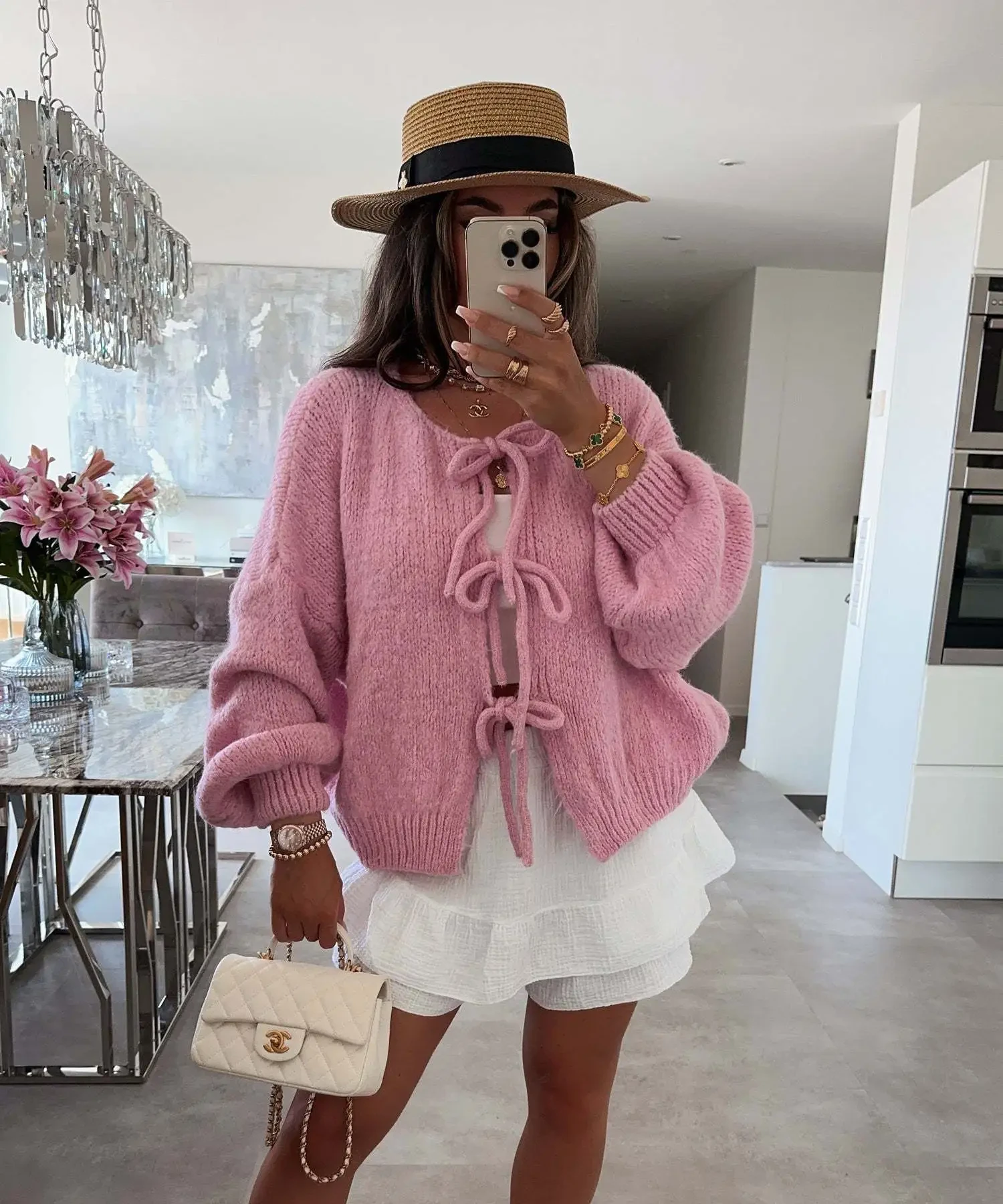 Casual Knitted Bow Lace Up Cardigan Women Solid O-neck Short Sleeve Hollow Out Sweater Female Autumn Lady Solid Streetwear