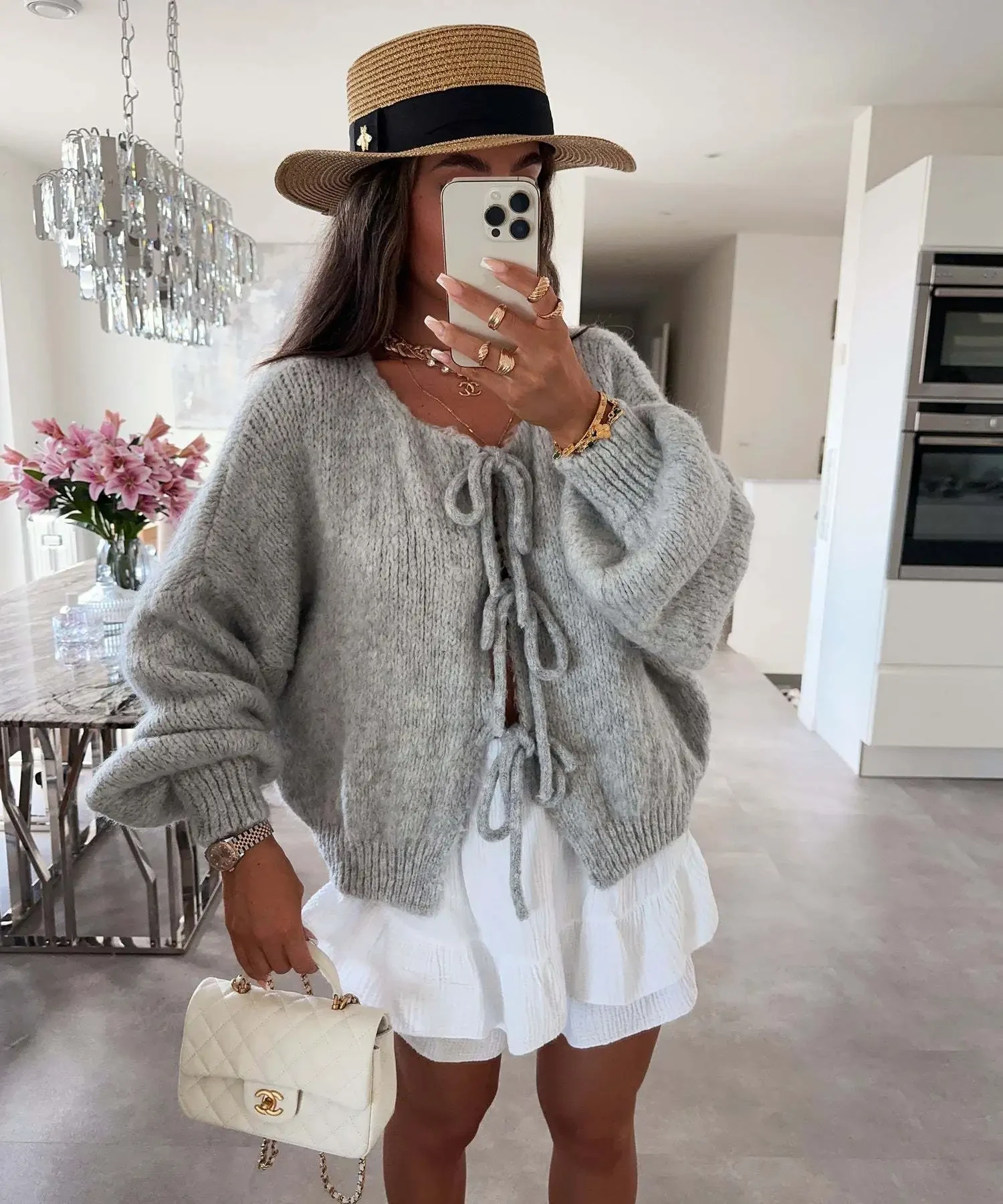 Casual Knitted Bow Lace Up Cardigan Women Solid O-neck Short Sleeve Hollow Out Sweater Female Autumn Lady Solid Streetwear