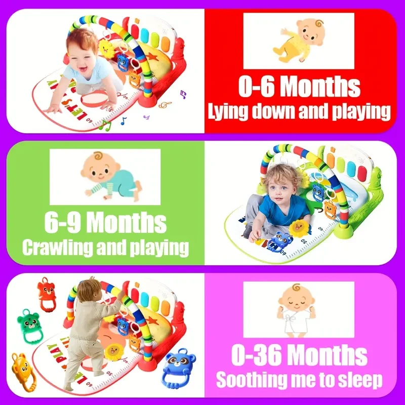 Infant Play Gym with Music - Interactive Baby Activity Mat with Piano, Assembly Required, Educational Play Center for Ages 0-3 Years, Tummy Time Exercise Pad with Random Color Accessories, Gift Idea