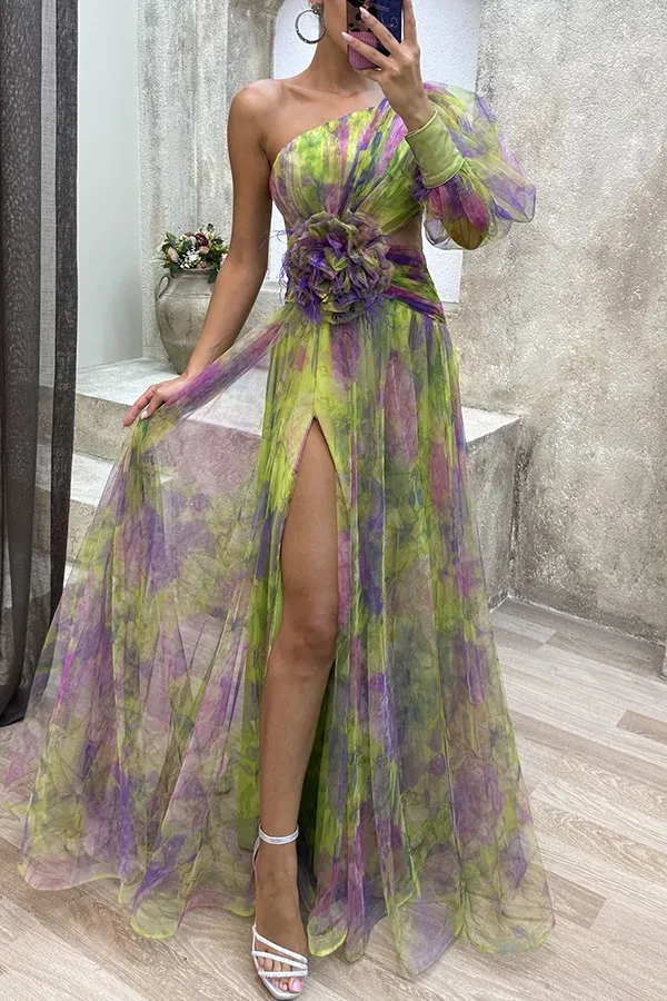 Mesh Tie-dye Printed Off-shoulder Slit Dress Summer INS Fashion Long Dress Party Womens Clothing