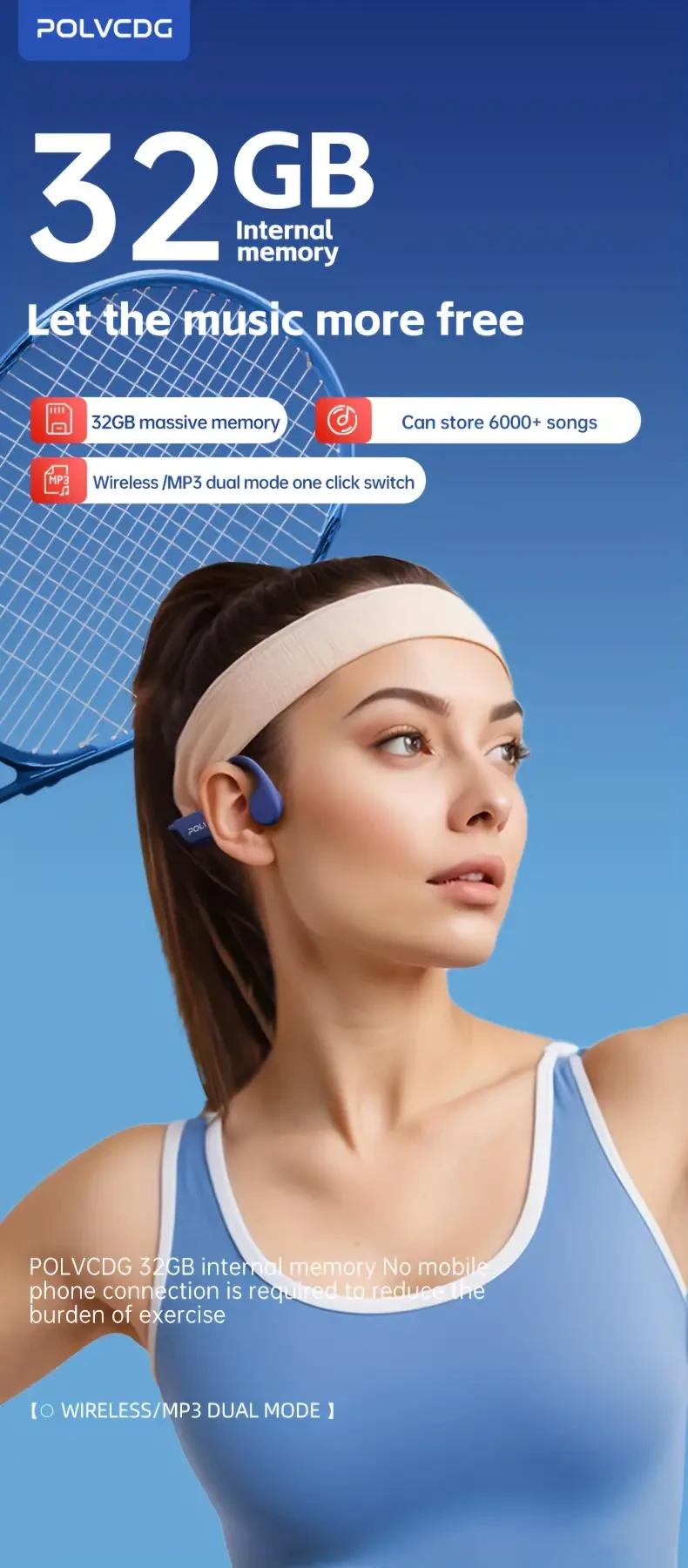 POLVCDG X7 Wireless Bone Conduction Headphones, 10H Battery Life, 32GB Memory, IPX-8 Waterproof, Noise Isolation, Wireless Connectivity, Key Controls, Open Ear Cups, Capacitive Microphone, for Swimming, Running, Cycling, Fitness - Adult Use