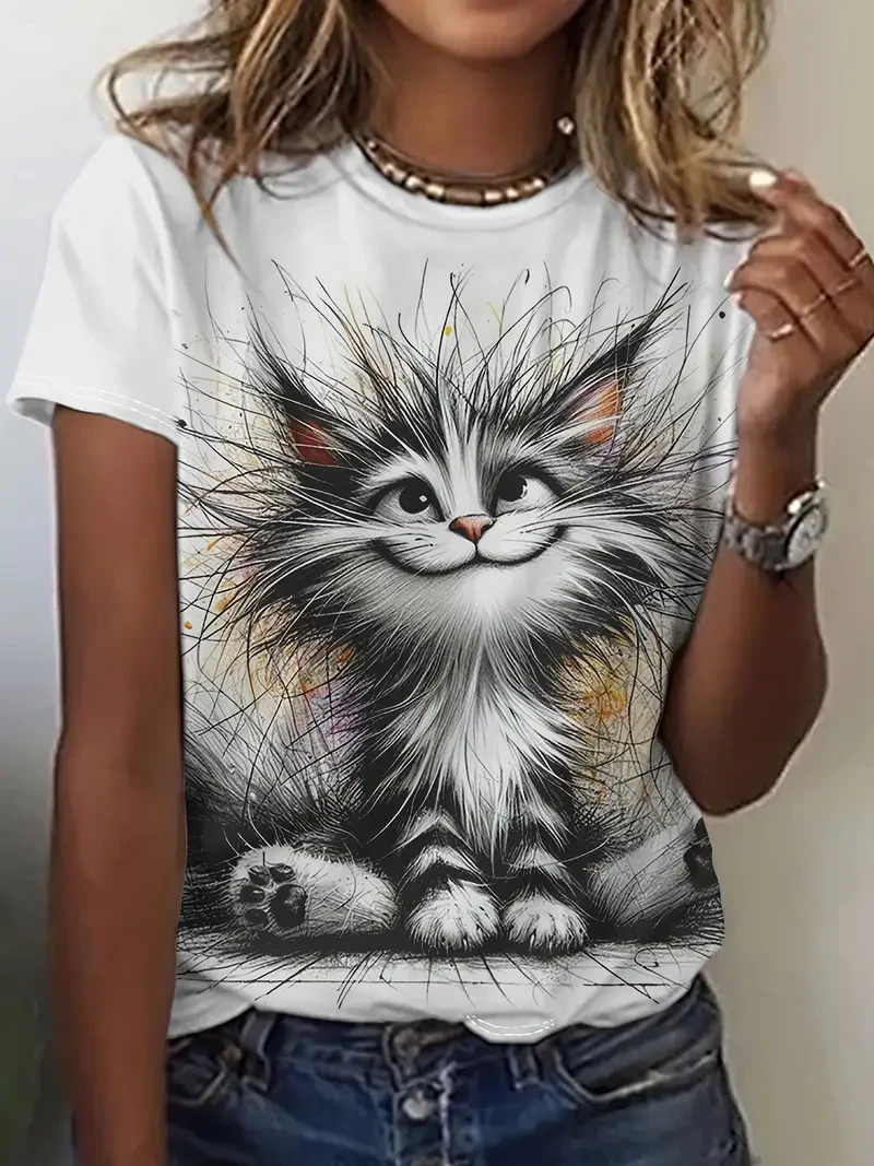 Fuzzy Whimsical Cat Graphic Crew Neck T-Shirt