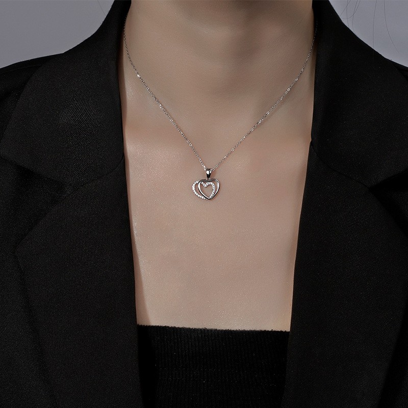925 Sterling Silver Double Heart-shaped Necklace For Women Summer