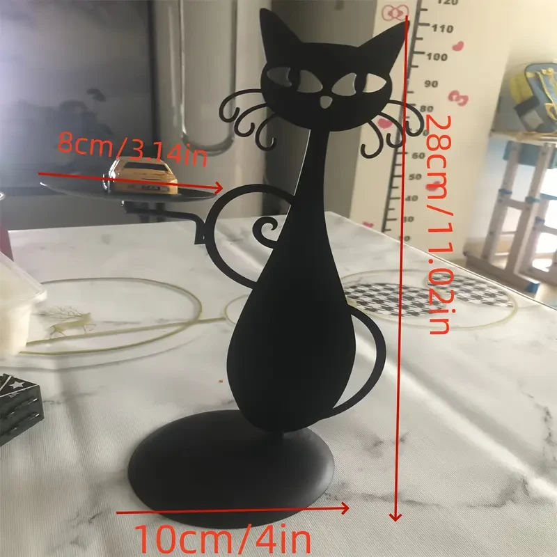 1pc Whimsical Black Metal Cat Candle Holder