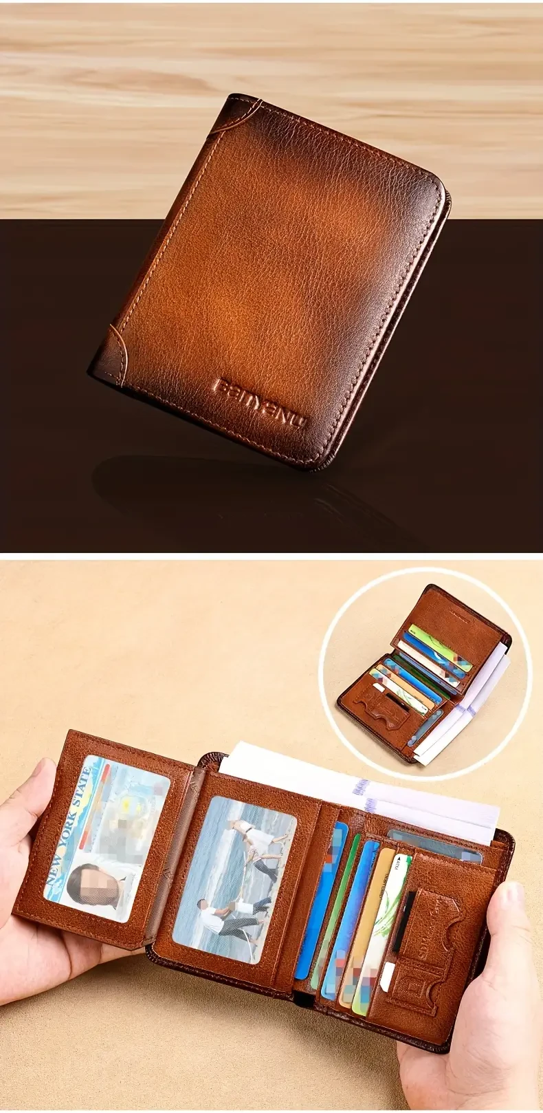 1pc Mens Premium Cowhide Short Trifold Wallet - Compact Card Holder with Large Capacity, Multiple Card Slots