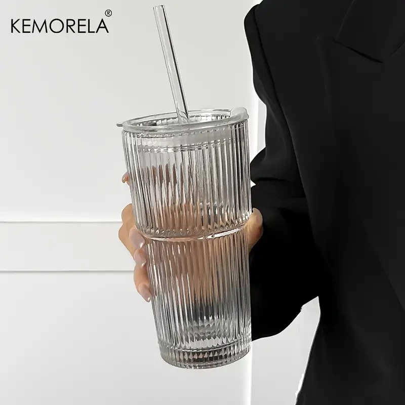 EMORELA Striped Glass Cup with Lid -