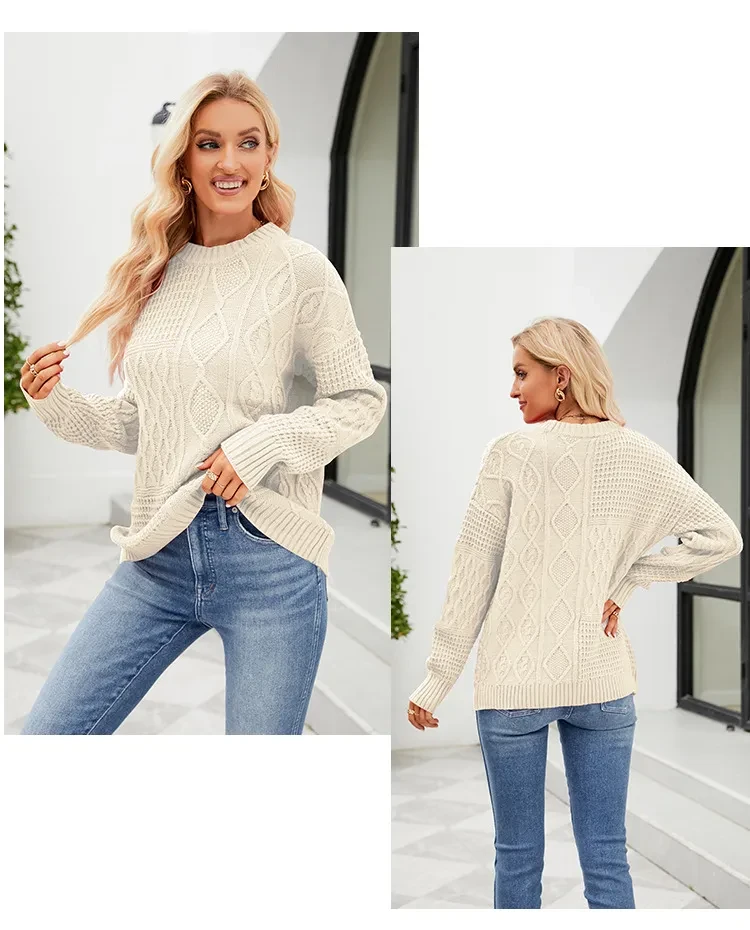 Casual Round-neck Pullover Sweater Fall Winter Solid Color Cable-knot Pattern Tops