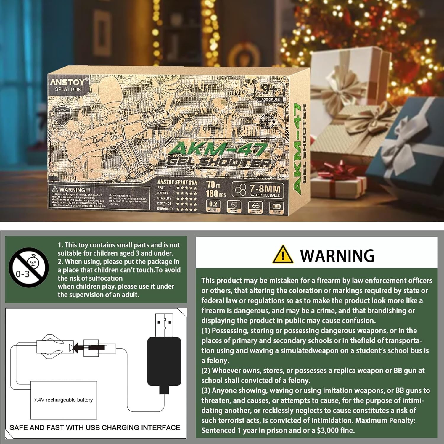 Anstoy Electric with Gel Ball Blaster AEG AKM-47 Splatter Ball Blaster for Splat Gun Automatic Outdoor Activities-Christmas Team Game, Ages 14