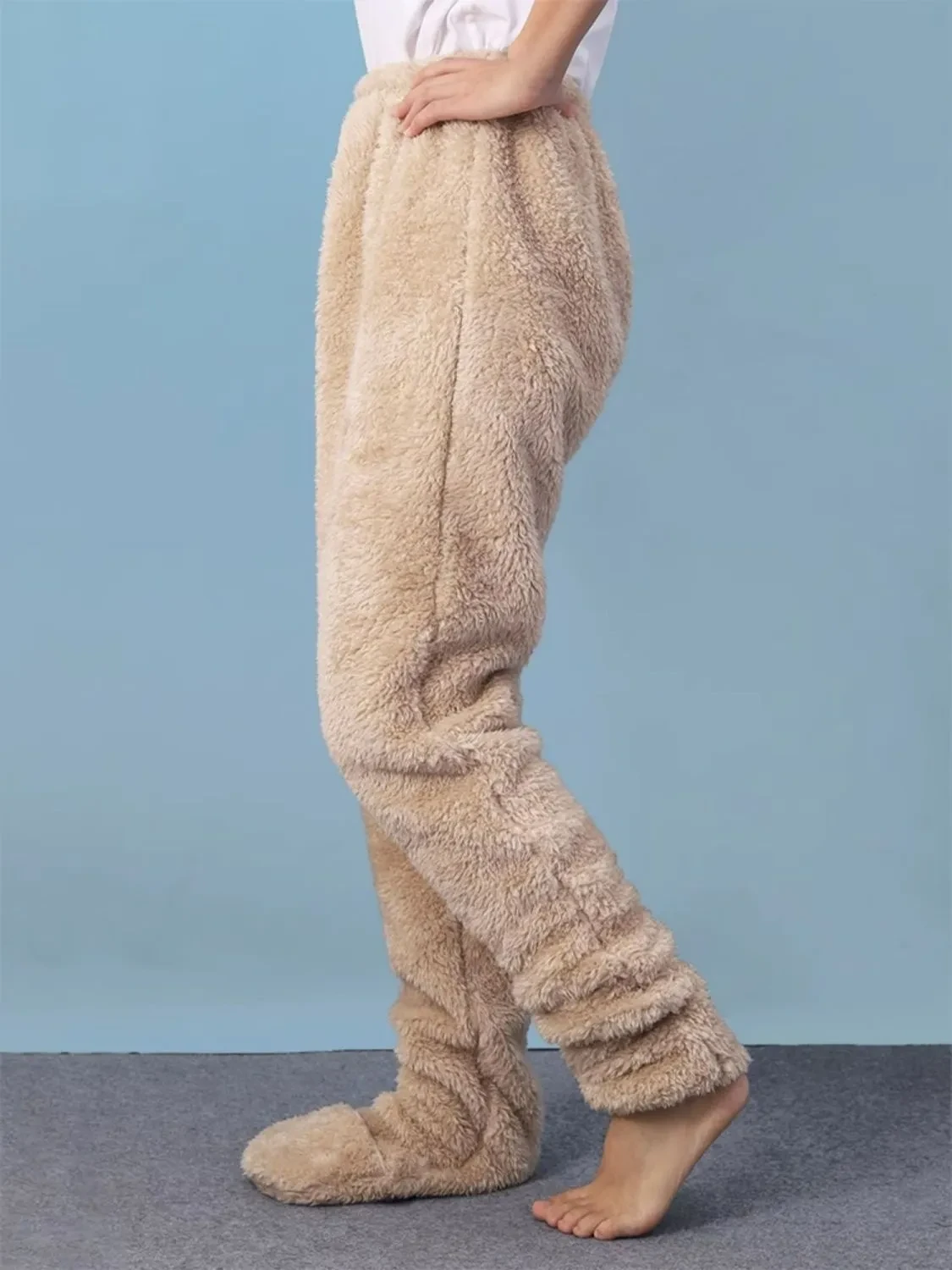 Womens Coral Fleece Leggings  Winter Warm Pajama Pants with Ankle & Knee Guard