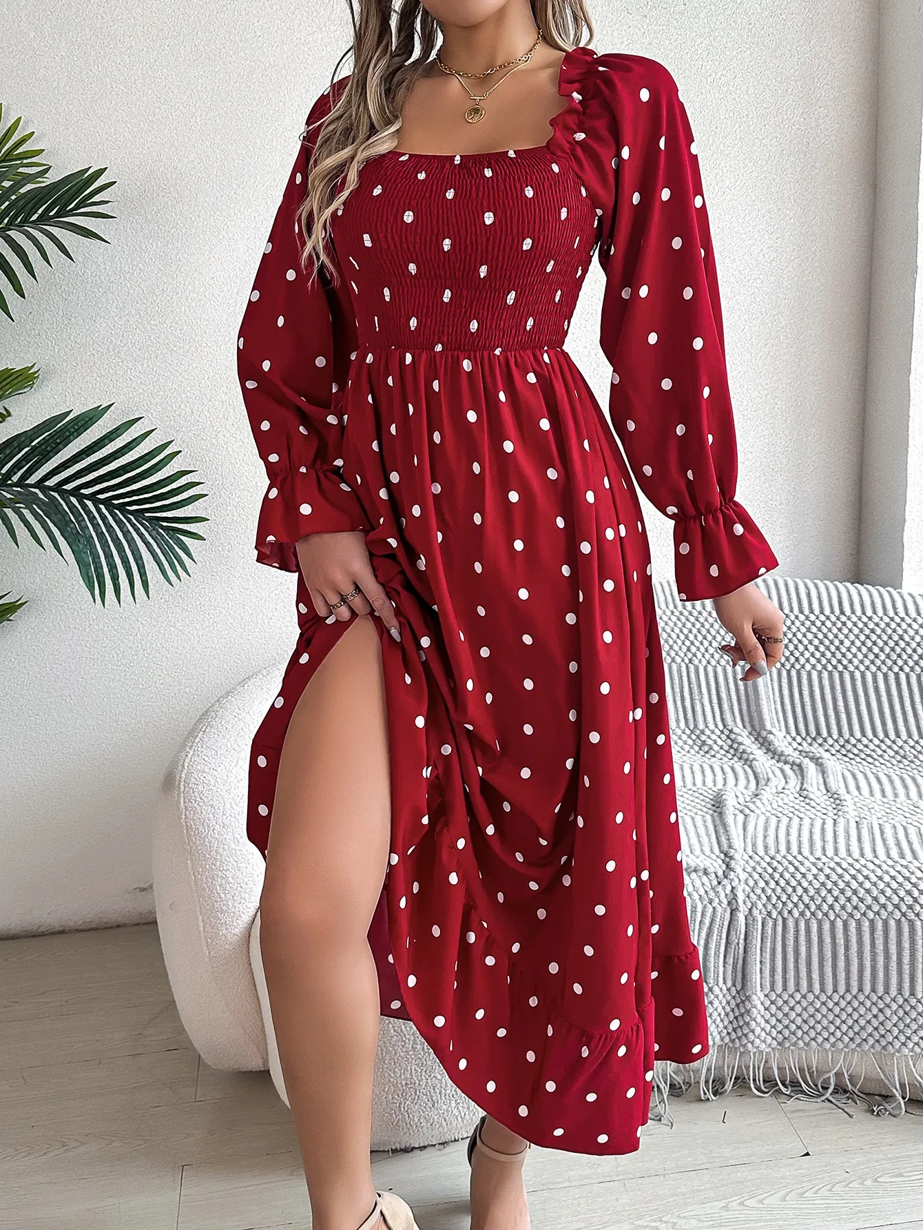 Casual Square Collar Polka Dot Swing Dress With Wooden Ears