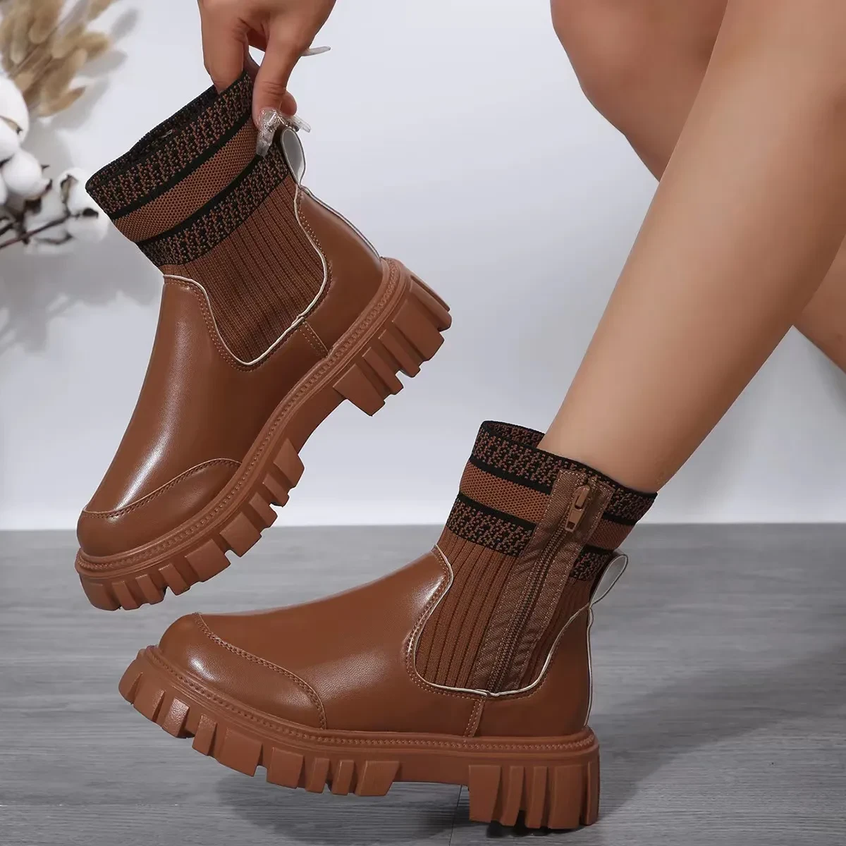 Mid-tube Boots With Zipper Design Non-slip Thick Sole Elastic Knitted Patchwork Boots For Women Round Toe Shoes