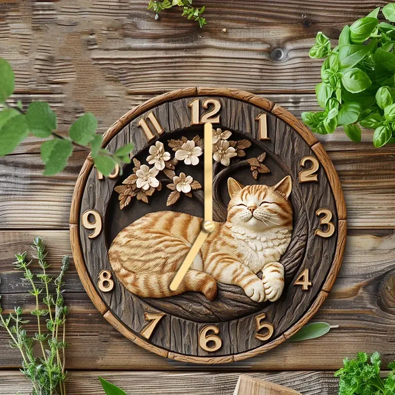 Charming Tabby Cat & Cherry Blossom Wall Clock