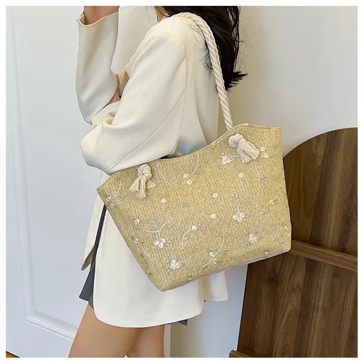 New And Simple Straw Bag Lace Bag Ins Straw Shoulder Bag Large Capacity Flower Fashion Women Handbag